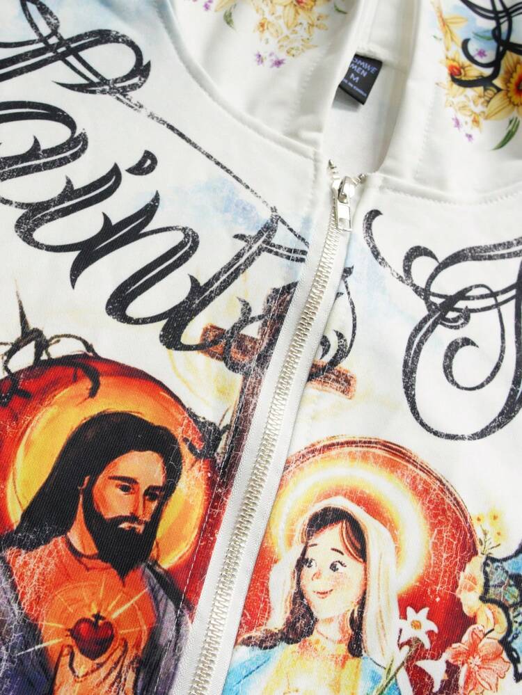 ROMWE MEN Street Life Spring Casual Graphic Men'S Zip-Up Graphic Print Casual Streetwear Hoodie Sweatshirt, Long Sleeve Top - White - View 5