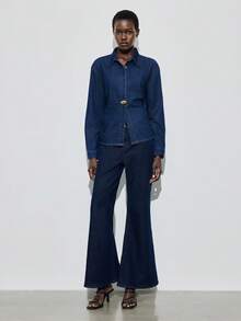 Women's Retro Blue Denim Top, Fitted Waist With Metal Buttons, Long Sleeve, Bow Tie, Comfortable, Made Of 100% Cotton Denim, Elegant Winter Shirt Old Money Style - Dark Wash - View 5