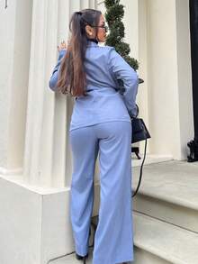 NegzBox 2025春秋新款时尚优雅休闲/办公室通勤金属扣腰长袖外套+直筒宽松阔腿裤西装套装 - 霧霾藍 - 查看 2