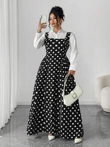 Elenzga 大码女士优雅方领无袖收腰波点连衣裙 - 黑與白 - 查看 1