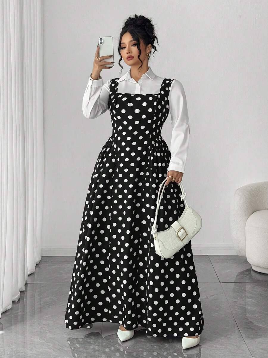 Elenzga 大码女士优雅方领无袖收腰波点连衣裙 - 黑與白 - 查看 1