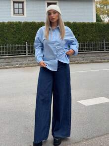 Jeta Ari 女式春夏纯色休闲长袖衬衫，秋装 - 藍色 - 查看 6