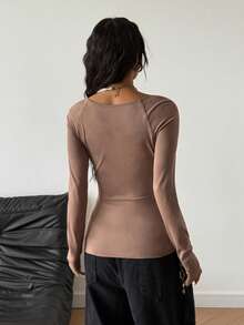 StreetHx 女士棕色方领做旧效果街头风Y2K修身朋克摇滚长袖T恤，秋冬款 - 棕色 - 查看 4