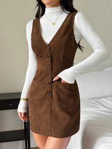 SHEIN PETITE Vestido curto marrom de veludo cotelê com bolsos aplicados e abotoamento simples, estilo country. - Castanho - Ver 4