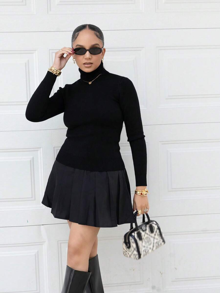 Melissa Matos High Neck Thermal Lined Slim Fit Long Sleeve Sweater, Warm Thermal Innerwear For Autumn/Winter Knit Pullover Fall Outfit - Black - View 1