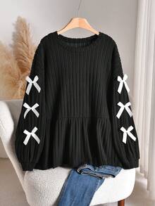 CosyJoli Plus Size Casual Bowknot A-Line Ribbed Brushed Round Neck T-Shirt Spring - Black - View 2