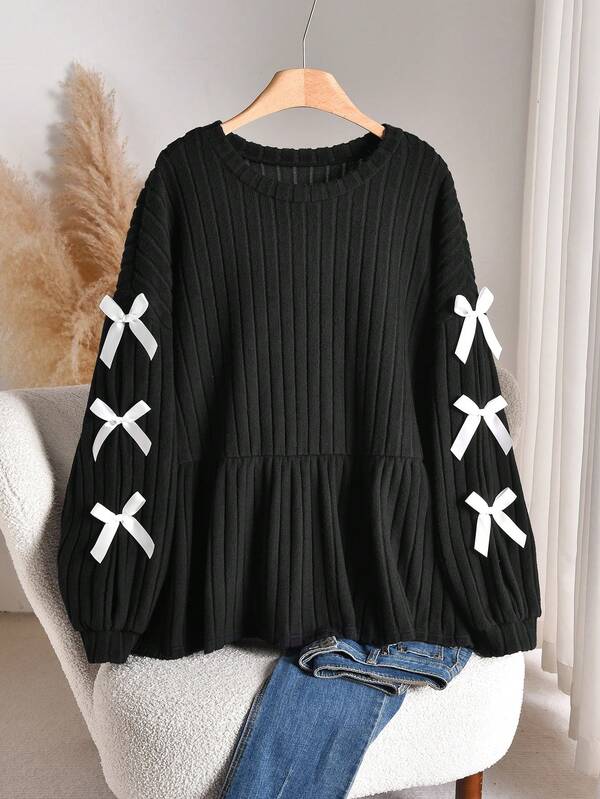 CosyJoli Plus Size Casual Bowknot A-Line Ribbed Brushed Round Neck T-Shirt