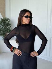 Milla Jasmine ملابس المعلمة بأسلوب ستوكهولم، ملابس نسائية للخريف، ملابس علوية محبوكة بياقة عالية، ملابس علوية أنيقة للخريف/الشتاء، ملابس علوية بأكمام طويلة من الشبك، ملابس علوية أساسية كاجوال للسيدات - الأسود - مشاهدة 5