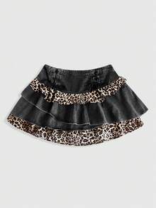 ROMWE Grunge Punk Gonna di jeans leopardata stile Kpop Grunge-Punk di taglia grande, gonna di jeans mini versatile lavata vintage, gonna di jeans punk rock di taglia grande stile Kpop per autunno/inverno - Multicolore - Visualizzare 1