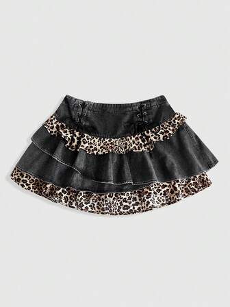 Grunge Punk Große Größen K-Pop Grunge-Punk Leoparden-Muster Denim Rock, vintage gewaschener vielseitiger Jeans-Minirock, Herbst/Winter Große Größen K-Pop Denim Punk Rock Rock