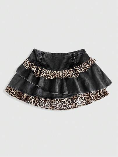 Grunge Punk Plus Size Grunge-Punk Leopard Print Denim Skirt, Vintage Washed Versatile Denim Mini Skirt, Autumn/Winter Plus Size Denim Punk Rock Skirt