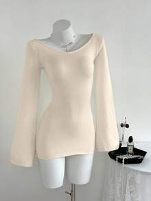 Elamini Vestido de suéter ajustado con mangas acampanadas y espalda abierta, minimalista y sexy, para mujer en otoño/invierno - Albaricoque - Ver 4