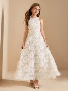 优雅的花童礼服，适合毕业典礼、婚礼、舞会，也适合万圣节、圣诞节；杏色碎花吊带无袖中长连衣裙，适合少女；时尚薄纱裙公主裙，适合返校季穿着。 - 杏色 - 查看 3