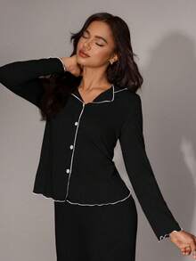 Lazeform Women's Black Lapel Open Front Ruffle Trim Contrast Color Super Soft Draping Spring Autumn Knit Fabric Long Sleeve Top And Pants, Minimalist Casual Loose 2-Piece Pajama Set, Fall & Winter Clothes