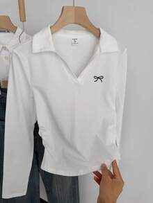 SHEIN Teen Girls' V-Neck Ribbed Knit Butterfly Print Casual T-Shirt With Waist Ruching, Versatile For Autumn/Winter - White - View 4