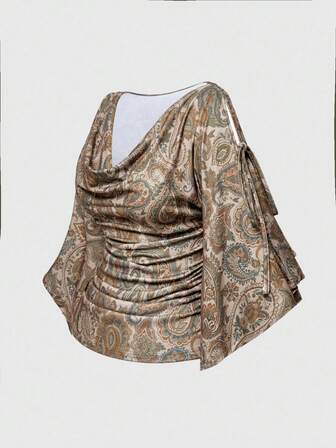 Große Größen Loose Fledermausärmel Taille Kordelzug Hippie Paisley Muster T-Shirt mit Holzperlen Dekor