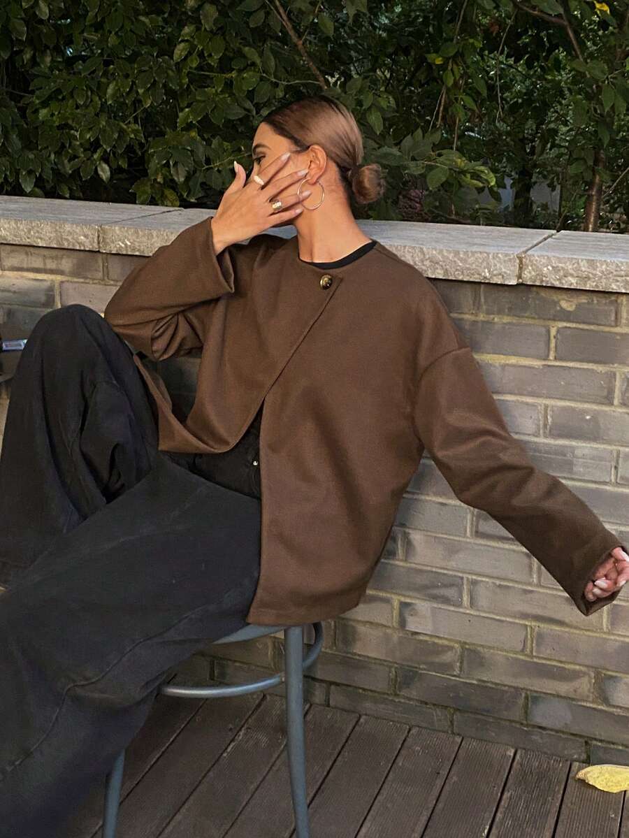 Livesso Veste élégante pour femmes avec col asymétrique, fente haute, coupe ample pour le business casual, les trajets de bureau, l'automne/l'hiver - Camel - Voir 1
