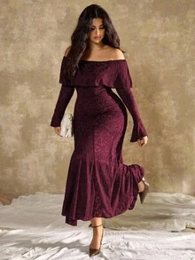 Roveilla 大码女式法式休闲牡丹花卉露肩鱼尾连衣裙 - 中紫紅色 - 查看 3