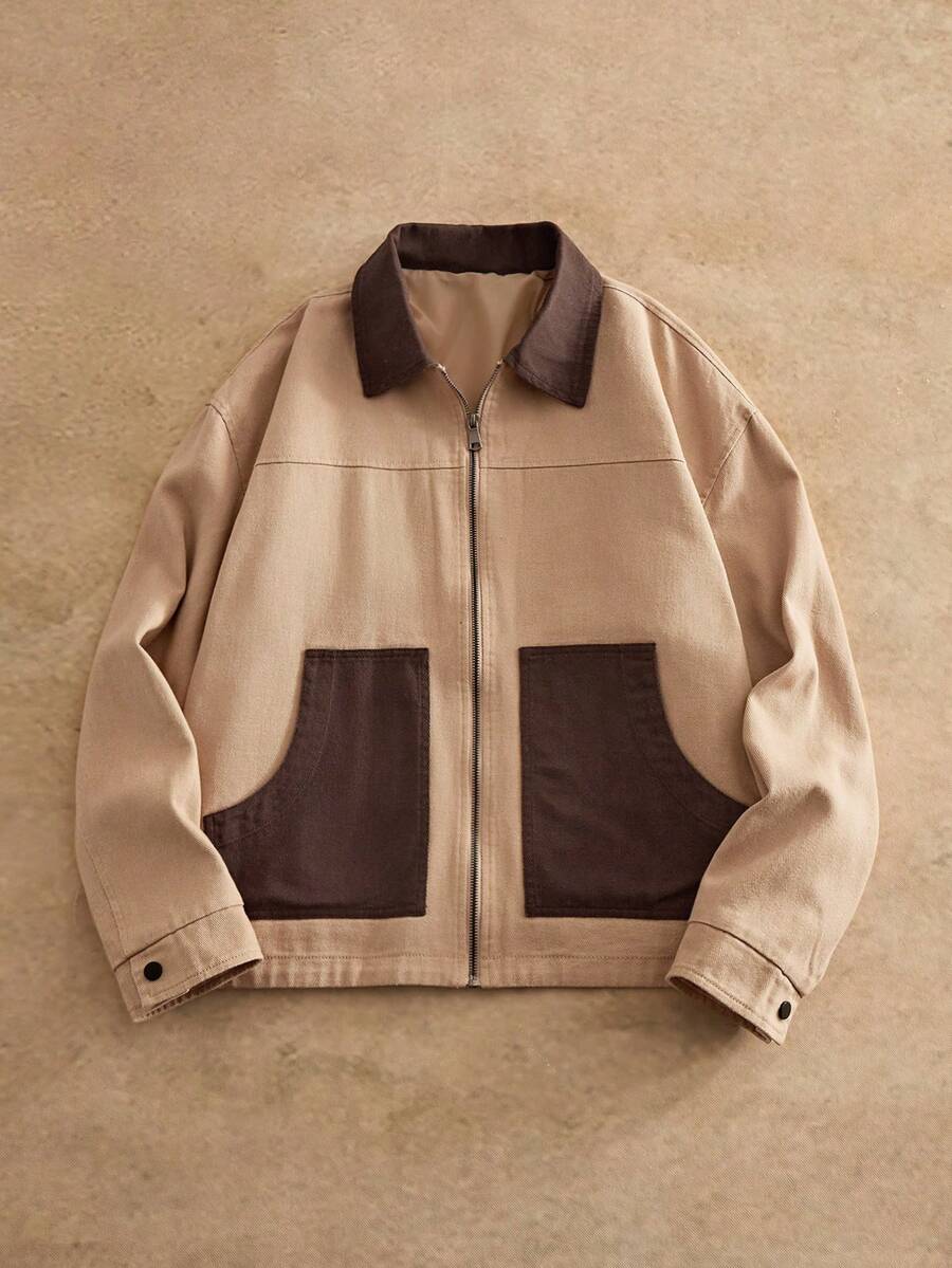 HIMLAND Men's Casual Color Block Patchwork Shacket Mens Mocha Bomber Jacket Vintage Jacket Men Khaki Loose Vuitton Jacket For Men Cropped Men Jacket Men Shacket