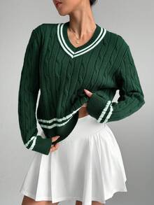 女士V领条纹图案麻花长袖套头毛衣 - 綠色 - 查看 4