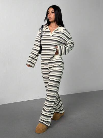 SHEIN PETITE Women's 2pcs Set Loose Striped V-Neck Drop Shoulder Long Sleeve T-Shirt &Elastic Waist Striped Pants, Winter Sweater Suit ,Autumn/Winter Fleece 2 Piece Lounge Sets Woman Striped Two Piece Set 2 Piece Casual Sets Woman Babyphat Comfortable Two Piece Set