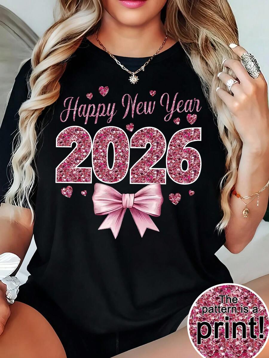 EMERY ROSE 大码女装，2026新年宽松T恤 - 亮粉色新年快乐2026印花，饰有心形和蝴蝶结，休闲短袖圆领派对闪亮2026庆祝上衣，适合所有季节 - 黑色 - 查看 1