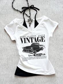 Attitoon Áo thun nữ tay ngắn cổ chữ V buộc dây phối màu tương phản, kiểu dáng retro, họa tiết xe hơi, thích hợp cho mùa hè. - trắng - Xem 10