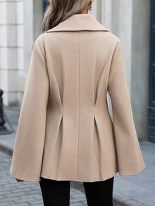 SHEIN LUNE 女士优雅通勤休闲法式翻领V领双排扣开襟A字褶裥喇叭袖宽松袖口长袖羊毛大衣，适合春、秋、冬季穿着。 - 杏色 - 查看 2