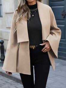 SHEIN LUNE 女士优雅通勤休闲法式翻领V领双排扣开襟A字褶裥喇叭袖宽松袖口长袖羊毛大衣，适合春、秋、冬季穿着。 - 杏色 - 查看 8