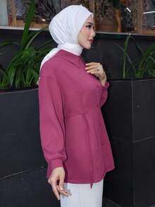 DAZY Women's Fashionable Solid Color Long Sleeve Shirt,Fall Clothes Modest Fashion - Red Violet - View 6