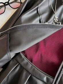 SHEIN Sparklyn 3件套少女时尚PU皮百褶裙套装 - 黑色 - 查看 4