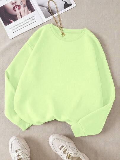 INAWLY Women's Casual Fluorescent Green Crew Neck Drop Shoulder Sweatshirt, Versatile For Back To School Season, Teacher's Day, Autumn/Winter