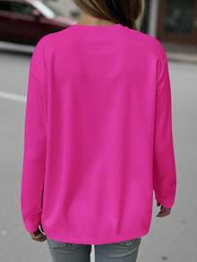 EMERY ROSE Plus Size Women Casual Printed Round Neck Long Sleeve T-Shirt - Hot Pink - View 2