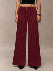 SHEIN BAE 女士条纹印花纽扣休闲百搭阔腿裤 - 酒紅色 - 查看 5