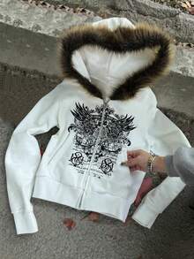 INAWLY Fluffy Hooded Zip-Up Sweatshirt Jacket, Gray Sweatshirt - White - View 5