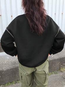 FRIFUL 女士撞色滚边五角星图案圆领长袖上衣 - 黑色 - 查看 3