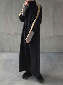 FRIFUL 女士撞色半高领落肩长袖宽松休闲百搭毛衣连衣裙，秋冬款 - 黑色 - 查看 4