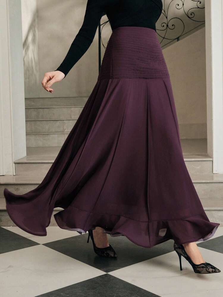 Elegant High Waist Pleated Chiffon Ruffle Hem Skirt, Purple, Suitable For Party, New Year, Wedding, Elegant, Chic, Stylish, Spring, Summer, Valentine