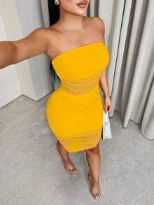 Sirith Vestido tubo ajustado de unicolor y minimalista con pliegues y bajo asimétrico para mujer, de verano - Amarillo - Ver 5