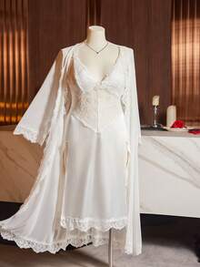 SilkySpell Áo choàng ngủ Maxi xẻ tà phối ren lưới kiểu Pháp thanh lịch, gợi cảm, áo choàng ngủ quyến rũ cho người ngoại cỡ - trắng - Xem 7