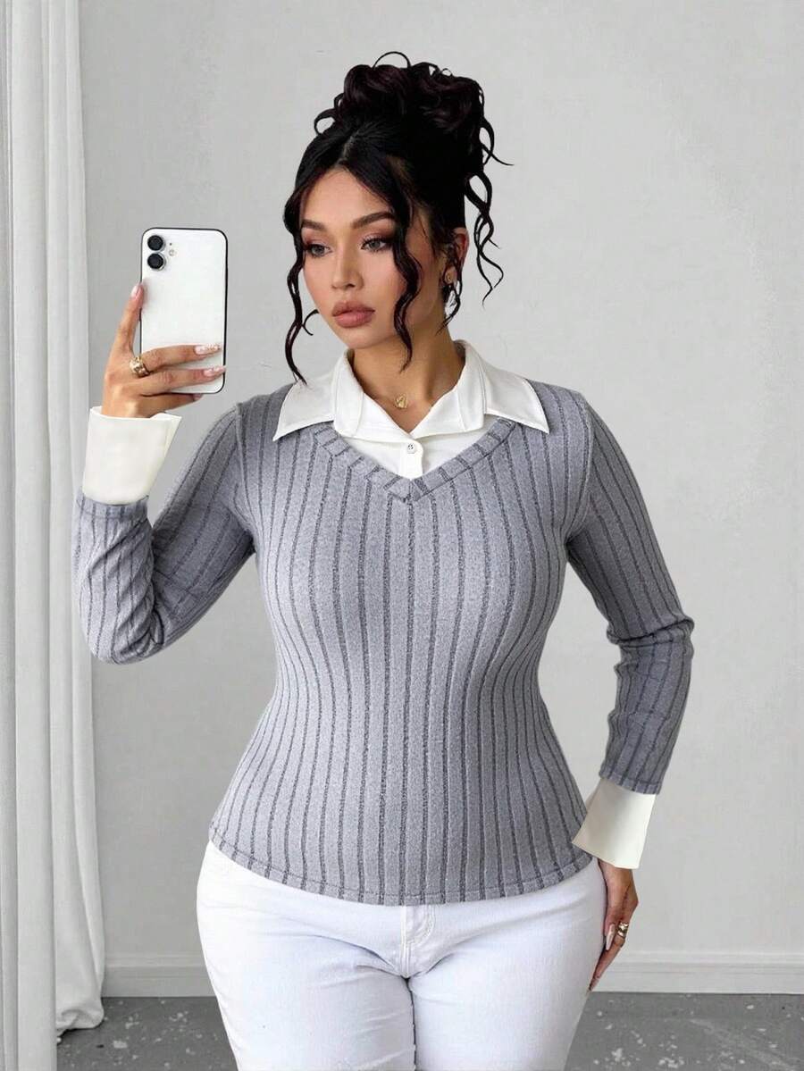 Elenzga Plus Size Ribbed Brushed Patchwork Shirt Dress - Light Grey - View 1