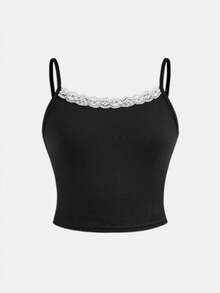 Tween Girl Casual Homewear Fitted Lace Trim Camisole And Wide Leg Striped Knit Pants Set, Black - Black - View 5