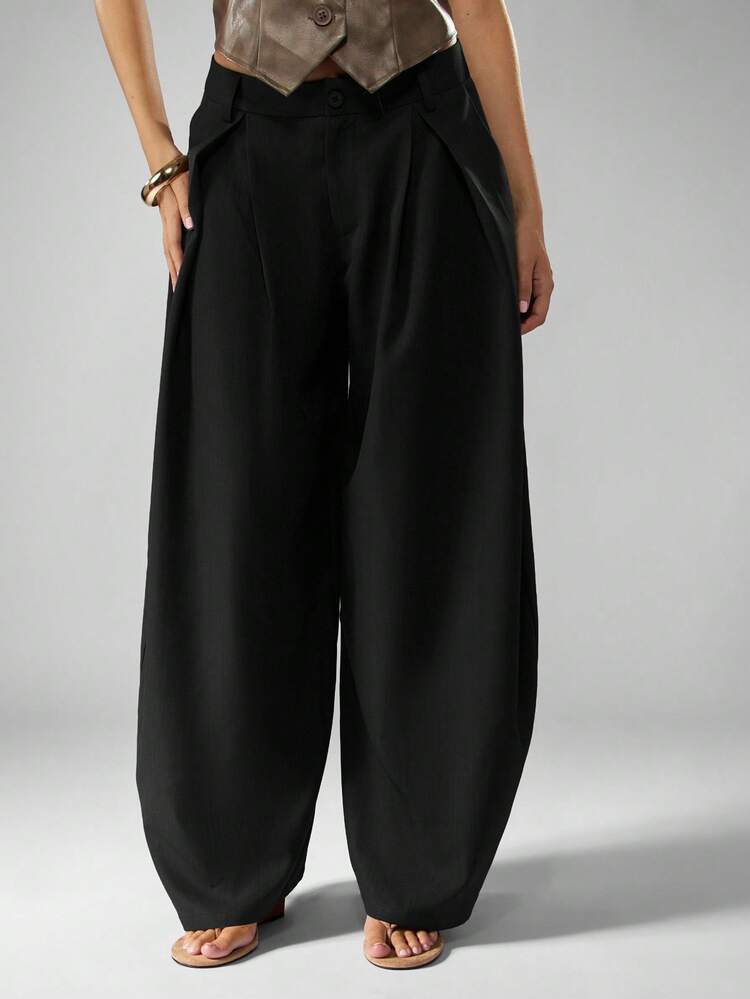 MISSGUIDED 엑스트라 와이드 레그 플리츠 벌룬 팬츠 하이 웨이스트 팔라초 트라우저 캐주얼 루즈핏 포켓 팬츠