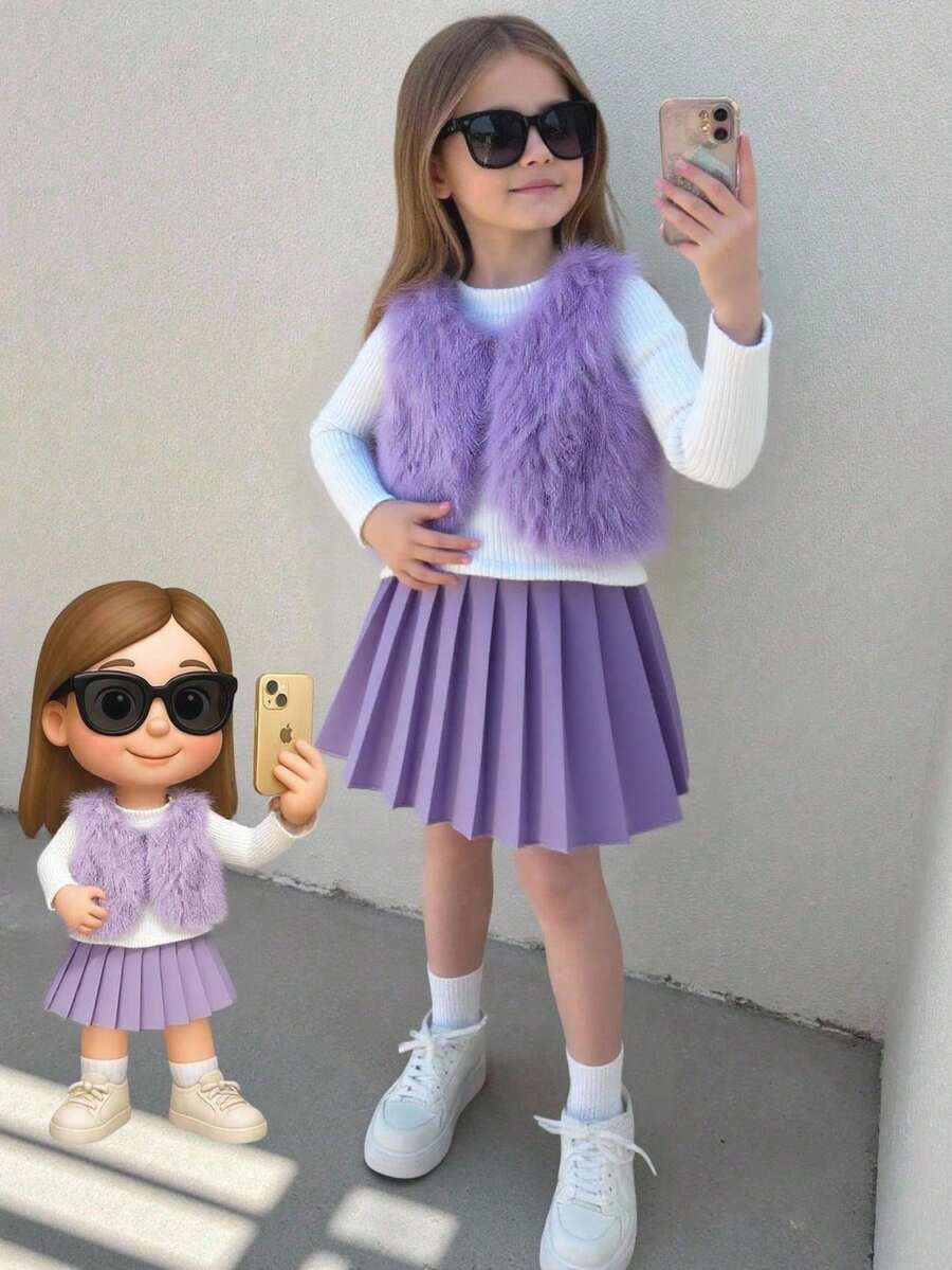 Elladie kids 女童优雅人造毛皮背心搭配白色罗纹长袖上衣和驼色百褶裙套装 - 紫色 - 查看 1