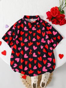 SHEIN Tween Boy Casual Loose Heart Pattern Polo Collar Short Sleeve Shirt, Suitable For Commuting, School, Daily Casual Wear, Sports, Spring/Summer - Black - View 8