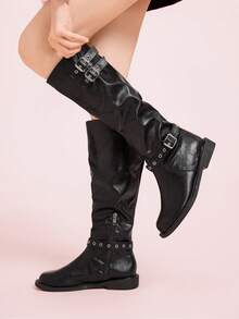 CUCCOO DOLLMOD Botas de media caña para mujer con puntera redonda y hebilla de metal, color negro clásico - Negro - Ver 4