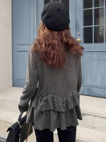 FRIFUL 女士圆领金属纽扣装饰下摆层叠荷叶边修身休闲T恤