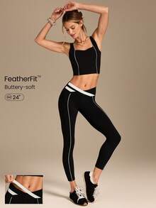GLOWMODE Quần legging FeatherFit™ Core Confidence 24 inch, mềm mại, co giãn, thấm hút mồ hôi, phối màu tương phản, cạp chéo, thích hợp cho yoga, pilates, tập luyện và mặc hàng ngày. - màu đen - Xem 1