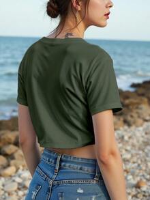 Camiseta para mujer estilo retro urbano estampado 90's Baby tela brillante oversize fit cuello redondo manga corta primavera/verano uso diario crop top - Verde Oscuro - Ver 2