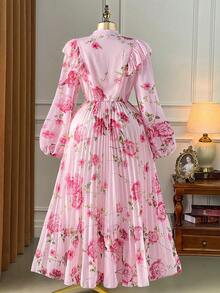 Rometta Váy maxi dài tay xếp ly họa tiết hoa lãng mạn cỡ lớn cho nữ có nơ thắt eo - Hồng - Xem 2